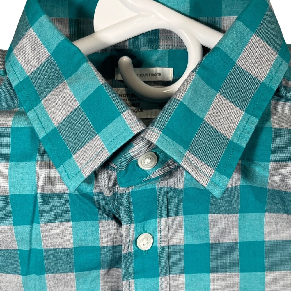 Old Navy Signature Shirt Mens Large Slim Fit Teal Grey Gingham Button Down